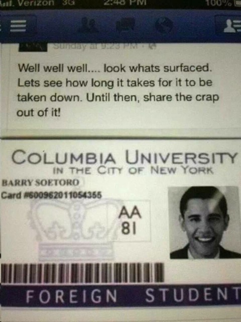 obama's Columbia University ID where he is listed as a 'foreign Student'