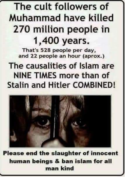 The cult followers of Muhammad have killed 270 million people in 1400 years.