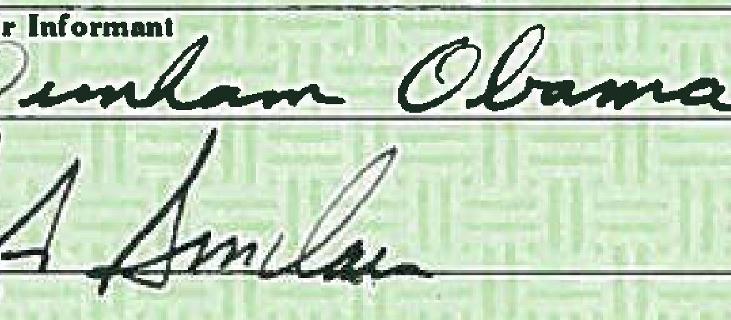 Ann Dunham signature on Obama long-form birth certificate showing dropping below line