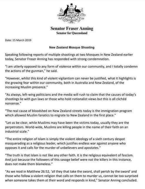 Senator Fraser Anning response to New Zealand Mosque shooting