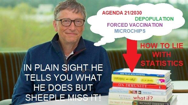 Picture of Bill Gates with some books & the title of the top one reads: 'How to lie with statistics'