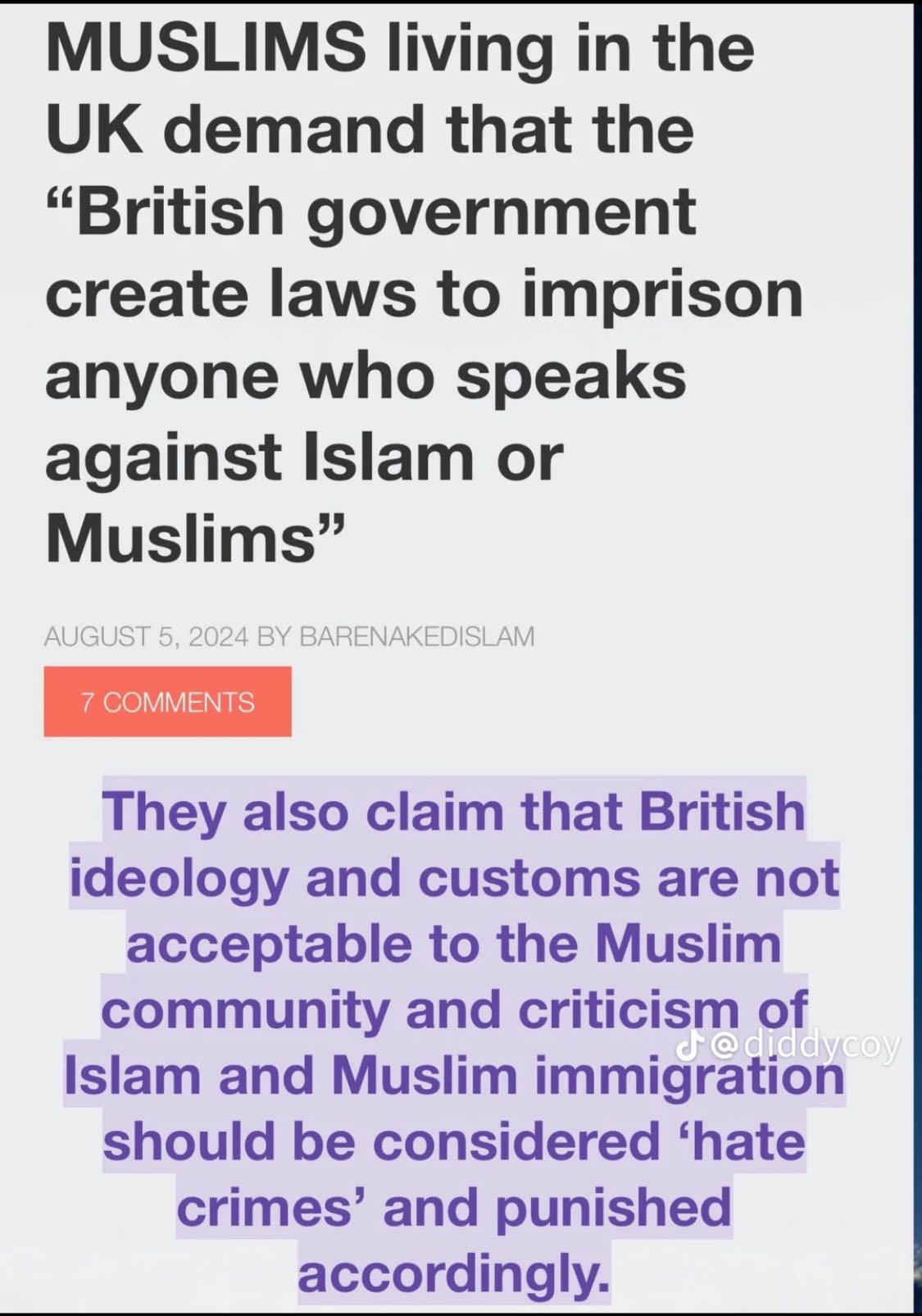 Muslims in the UK demand insulting islam be a crime