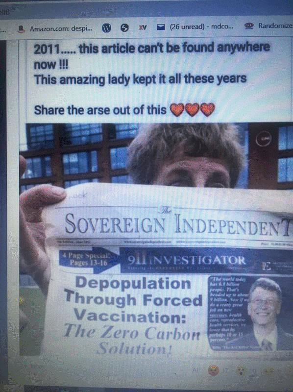 image of a newspaper front page stating 'Depopulation Through Forced Vaccination' with a picture of Bill Gates