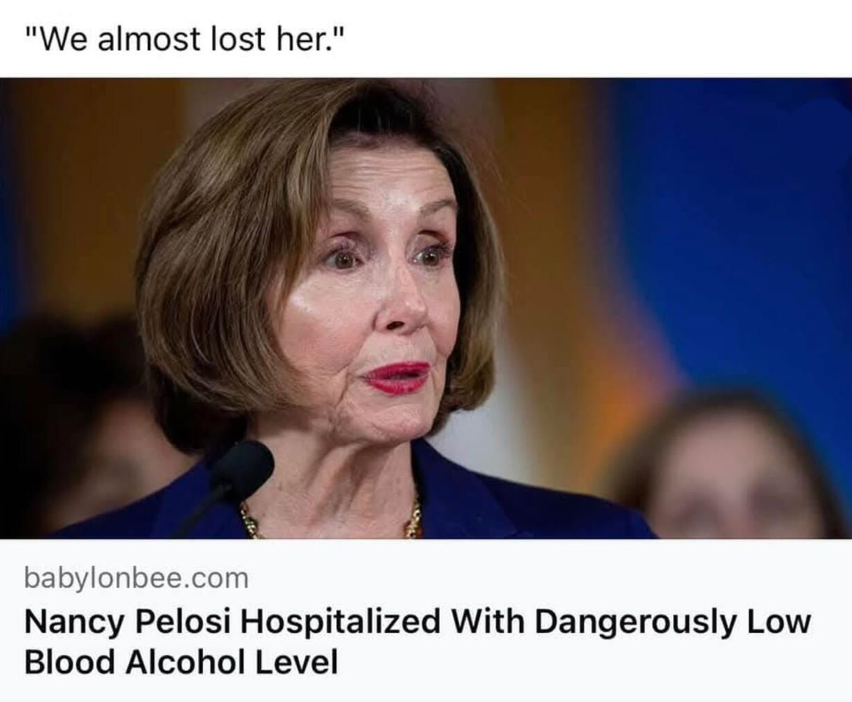 Pelosi medical crisis, low blood alcohol